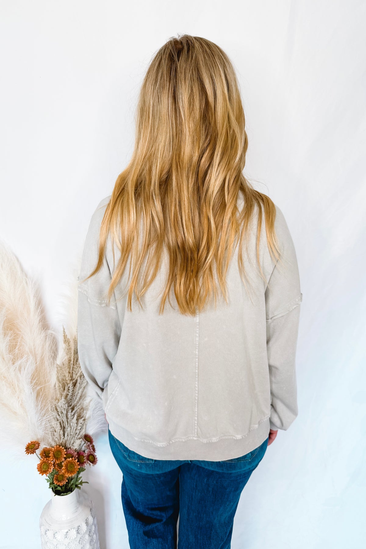 Frayed Flower Mineral Washed Crew Neck Top - Grey