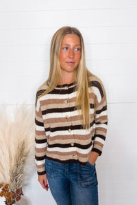 Warm Cocoa Striped Button Sweater - Mocha