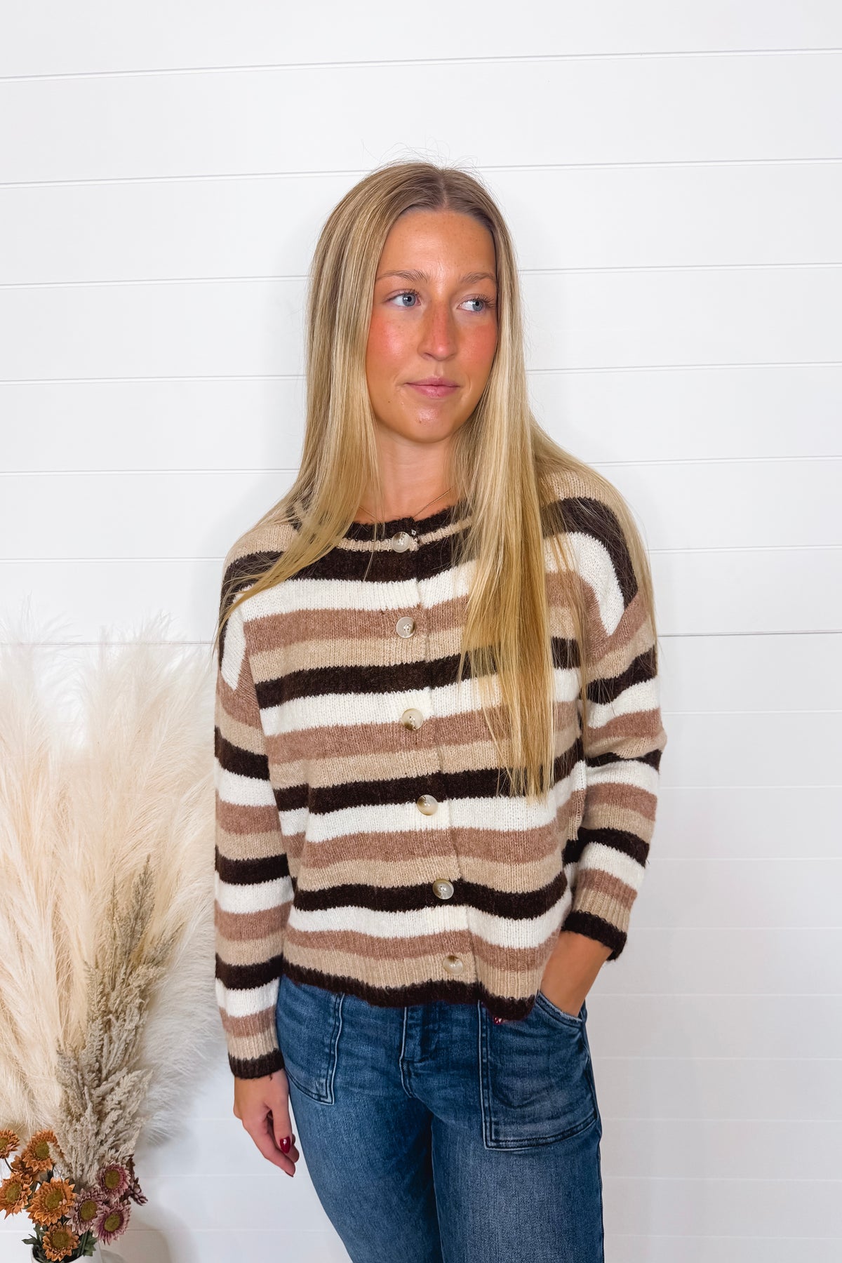Warm Cocoa Striped Button Sweater - Mocha