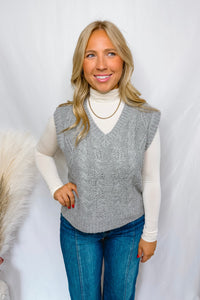 Nice Try Cable Knit V-Neck Sweater Vest - Grey