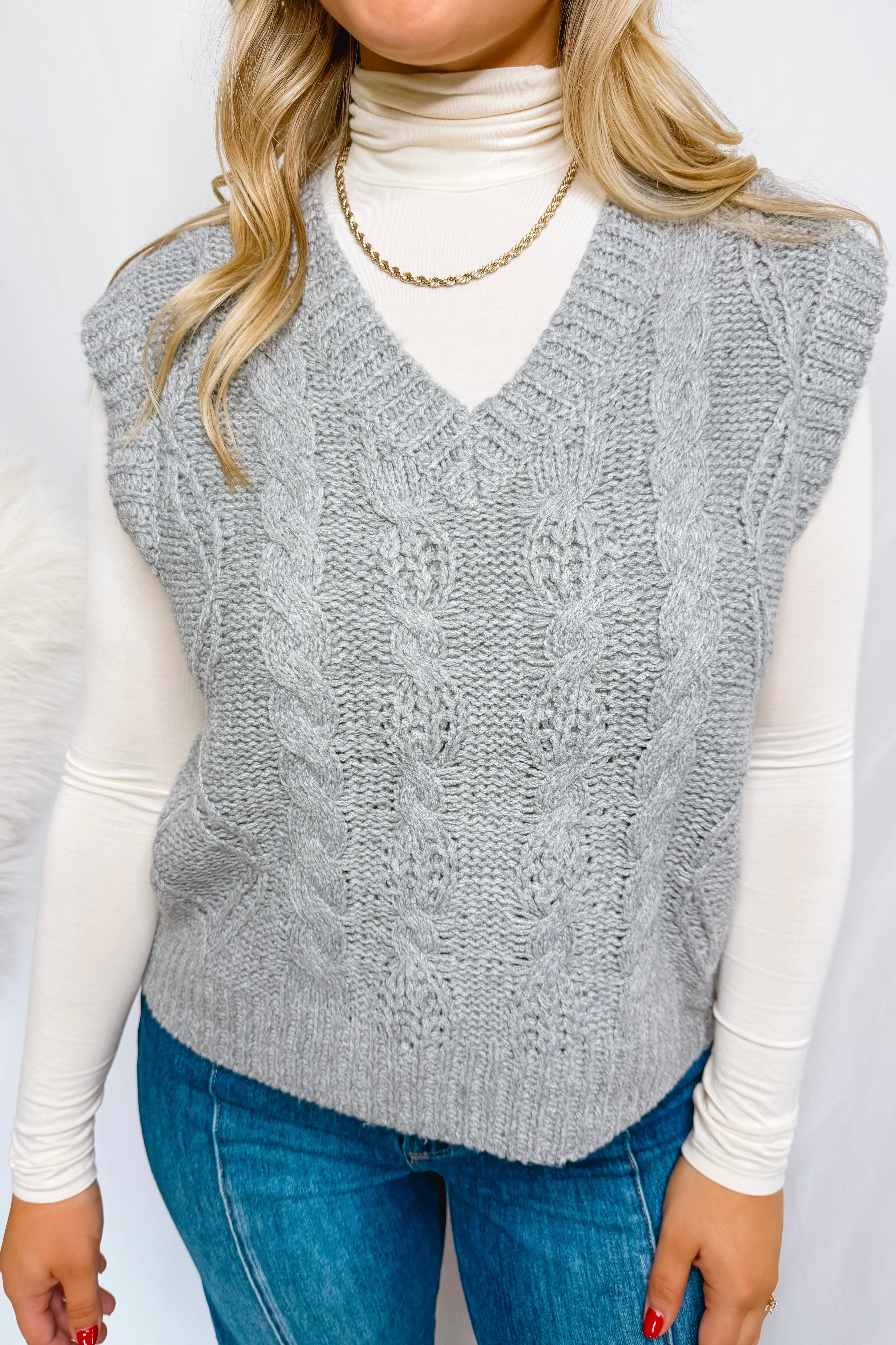 Be Cool Nice Try Cable Knit V-Neck Sweater Vest - Grey – Shop Lola Mae