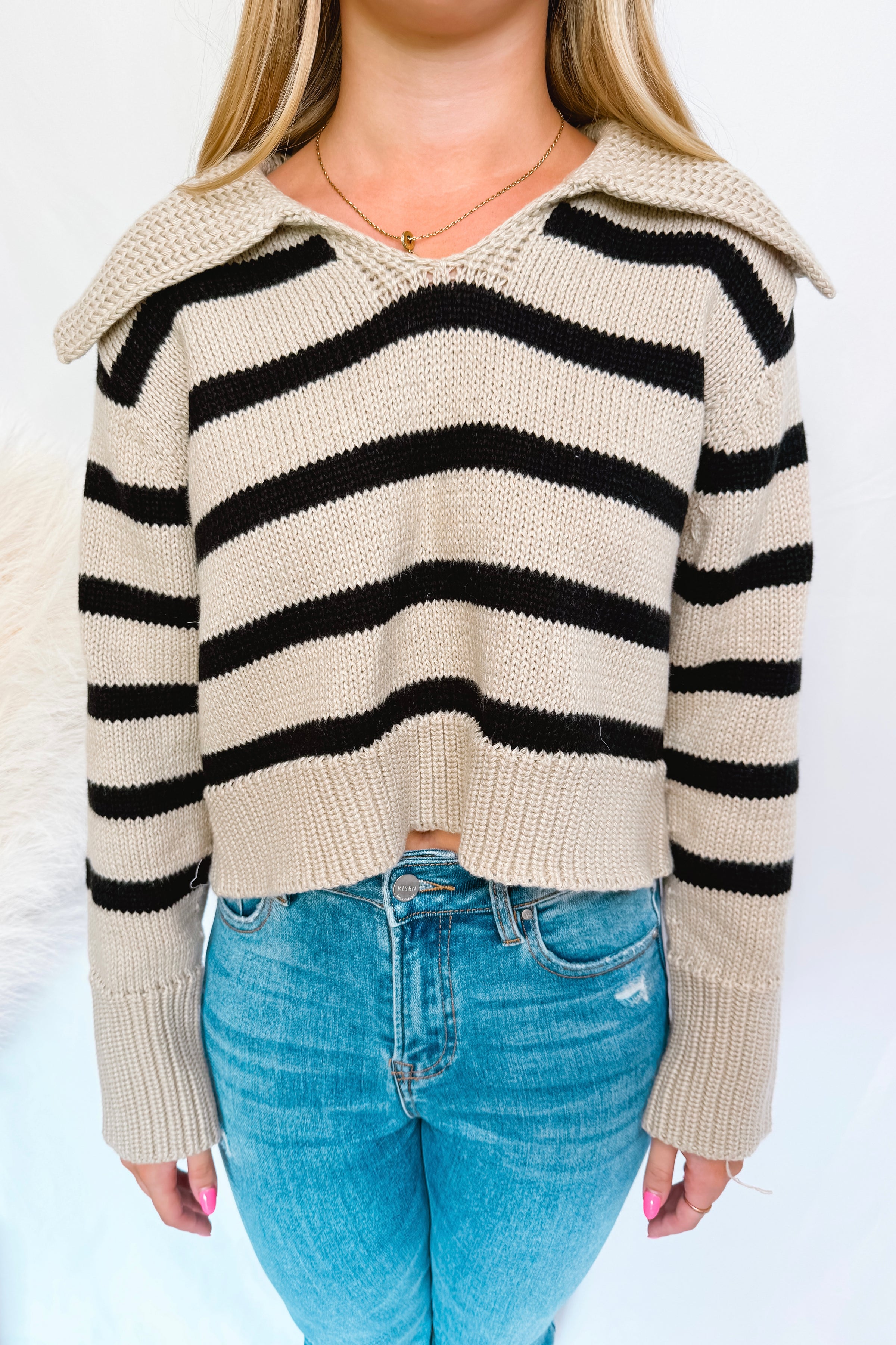 Cooler Days Striped Knit Sweater - Tan/Black