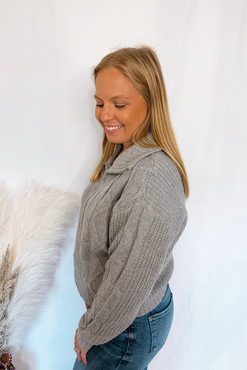 Grey Days Zip Up Cable Knit Sweater - Grey