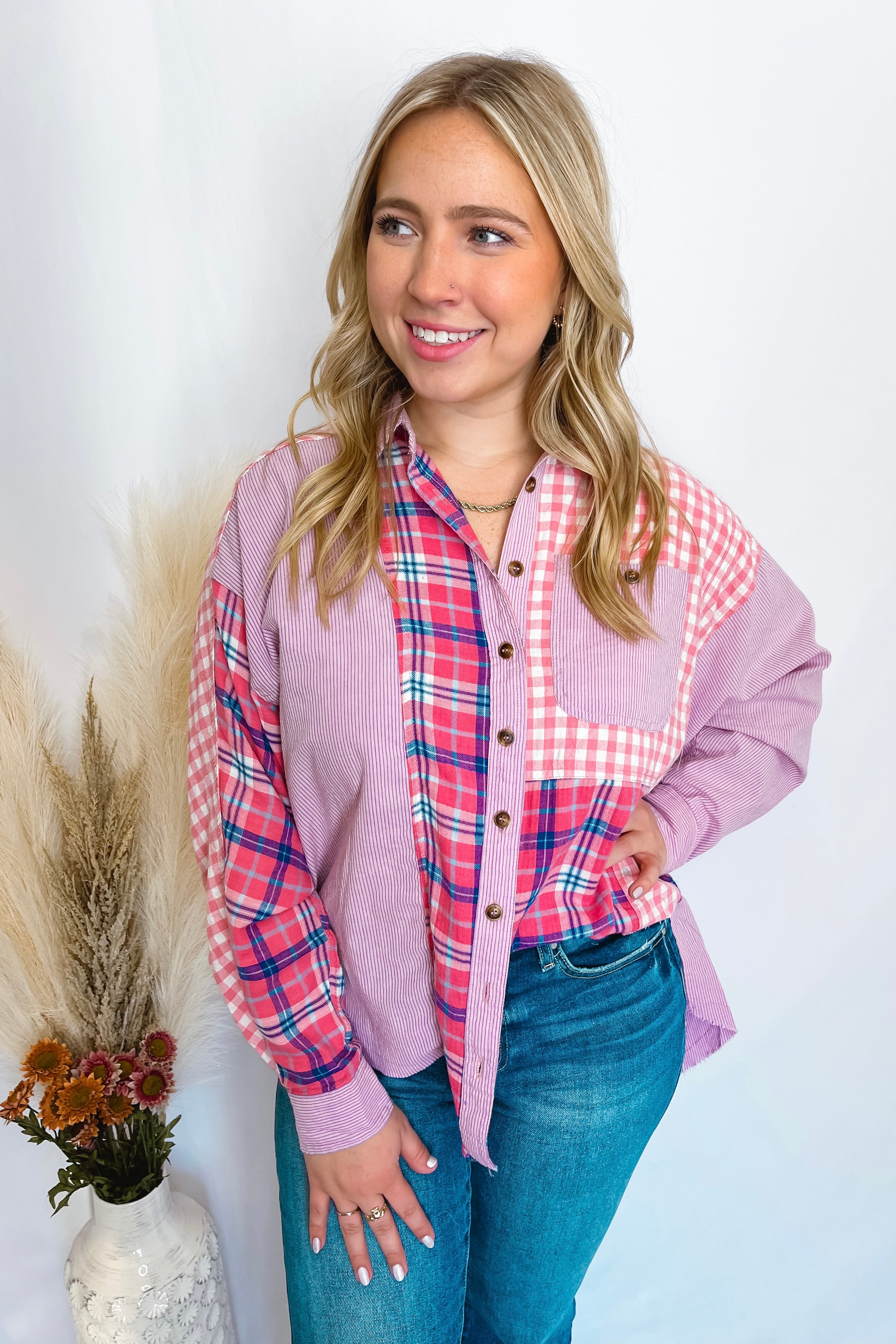 Rosie Oversized Plaid Top - Pink/Lavender