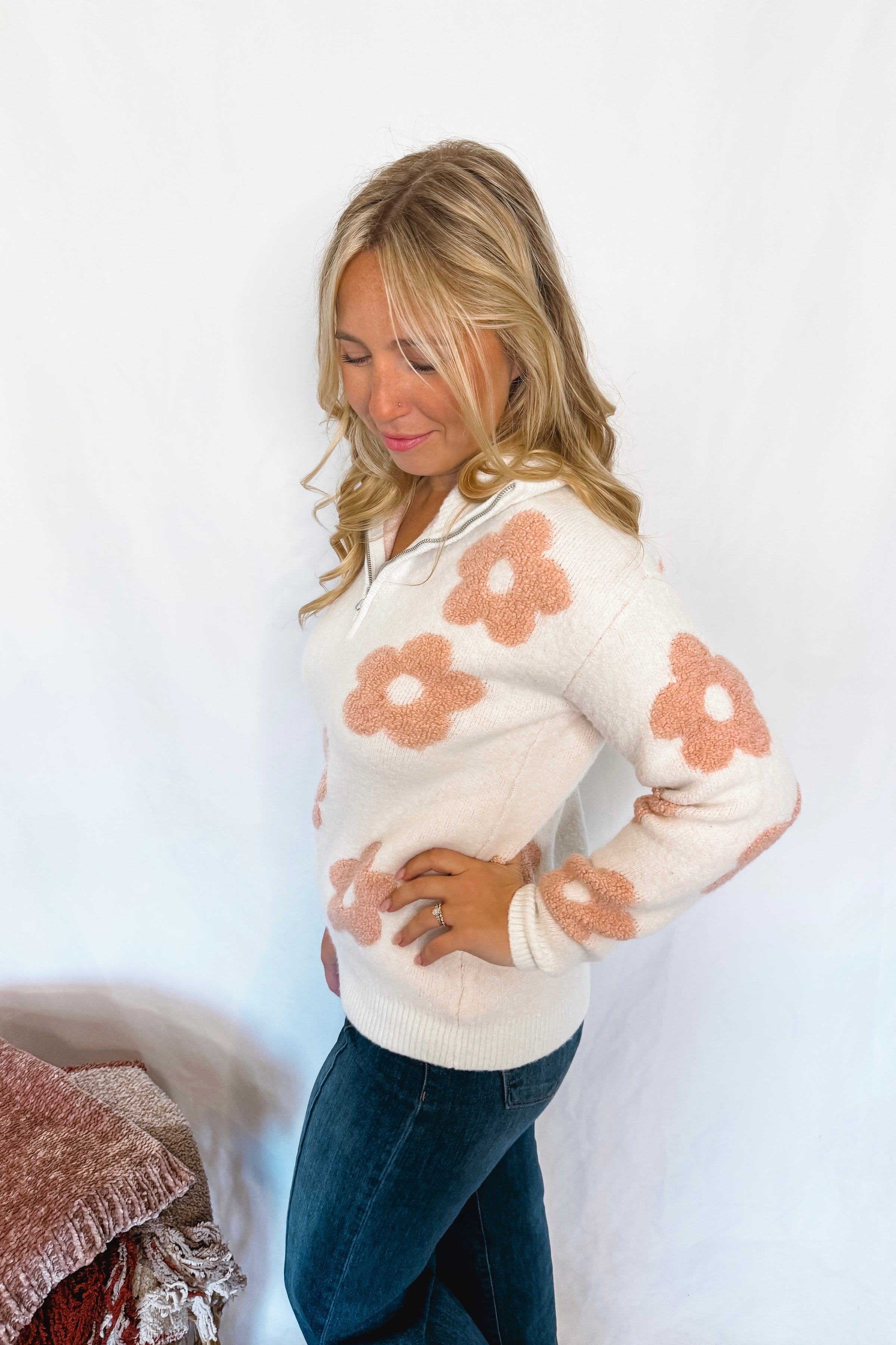 Warm Blooms Quarter Zip Sweater - Cream/Pink