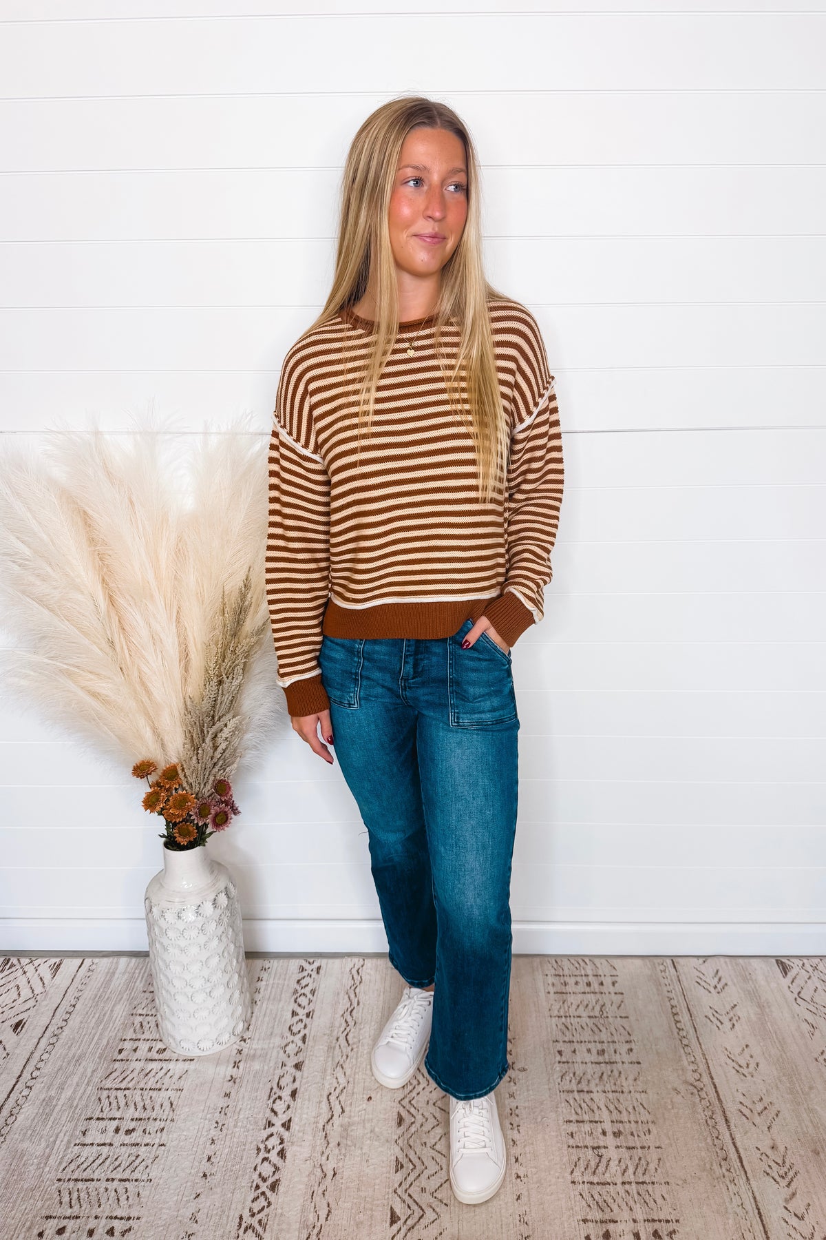 Cooler Evening Striped Knit Sweater - Mocha/Cream