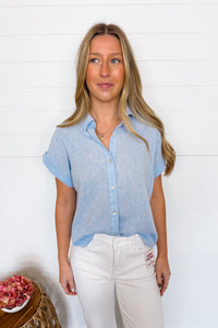 Warm Breezes Linen Blend Button Down Top - Blue