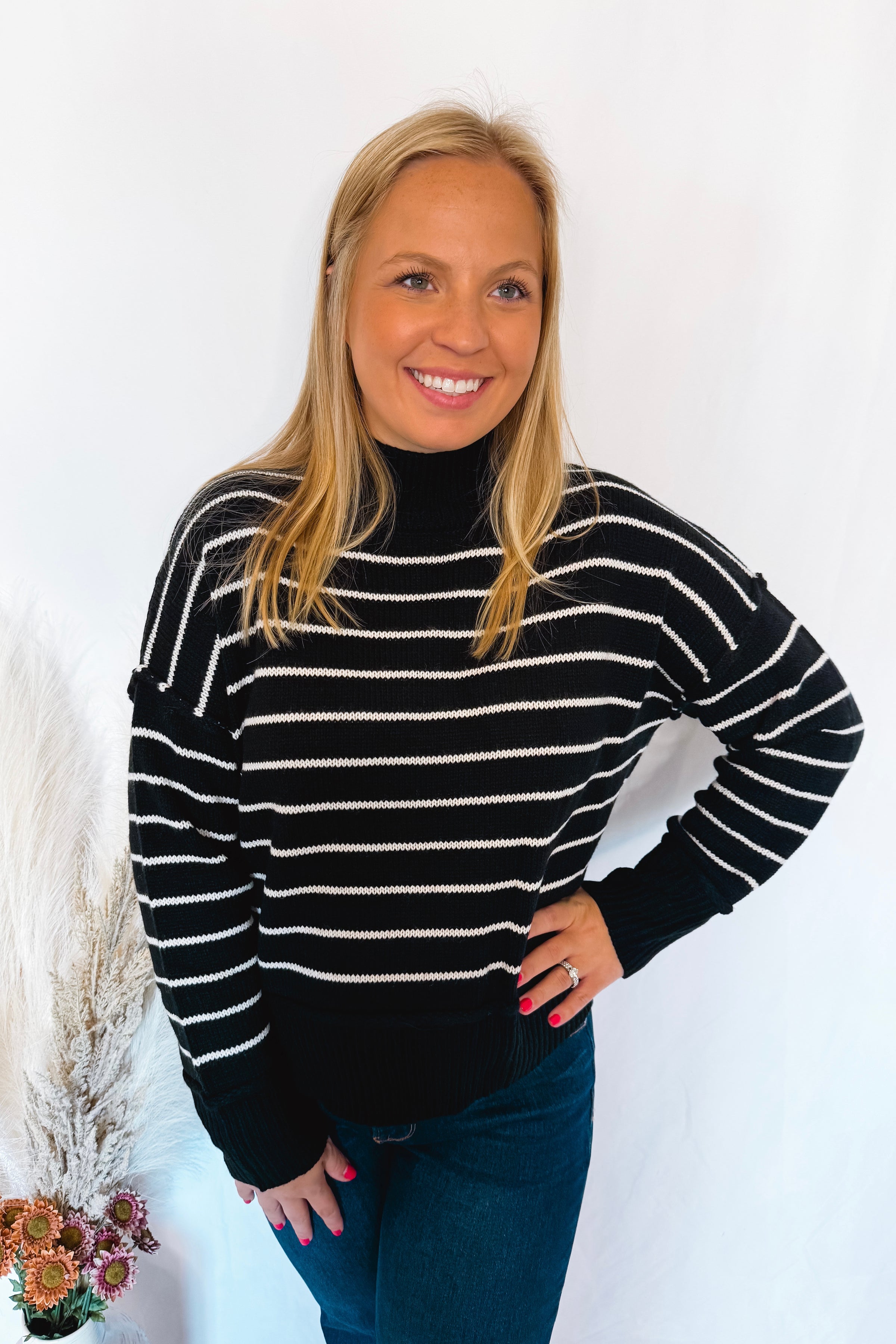 Winter Chill Mock Neck Striped Sweater - Black