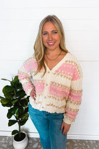 Soft Season Textured Knit Button Cardigan - Ivory/Pink
