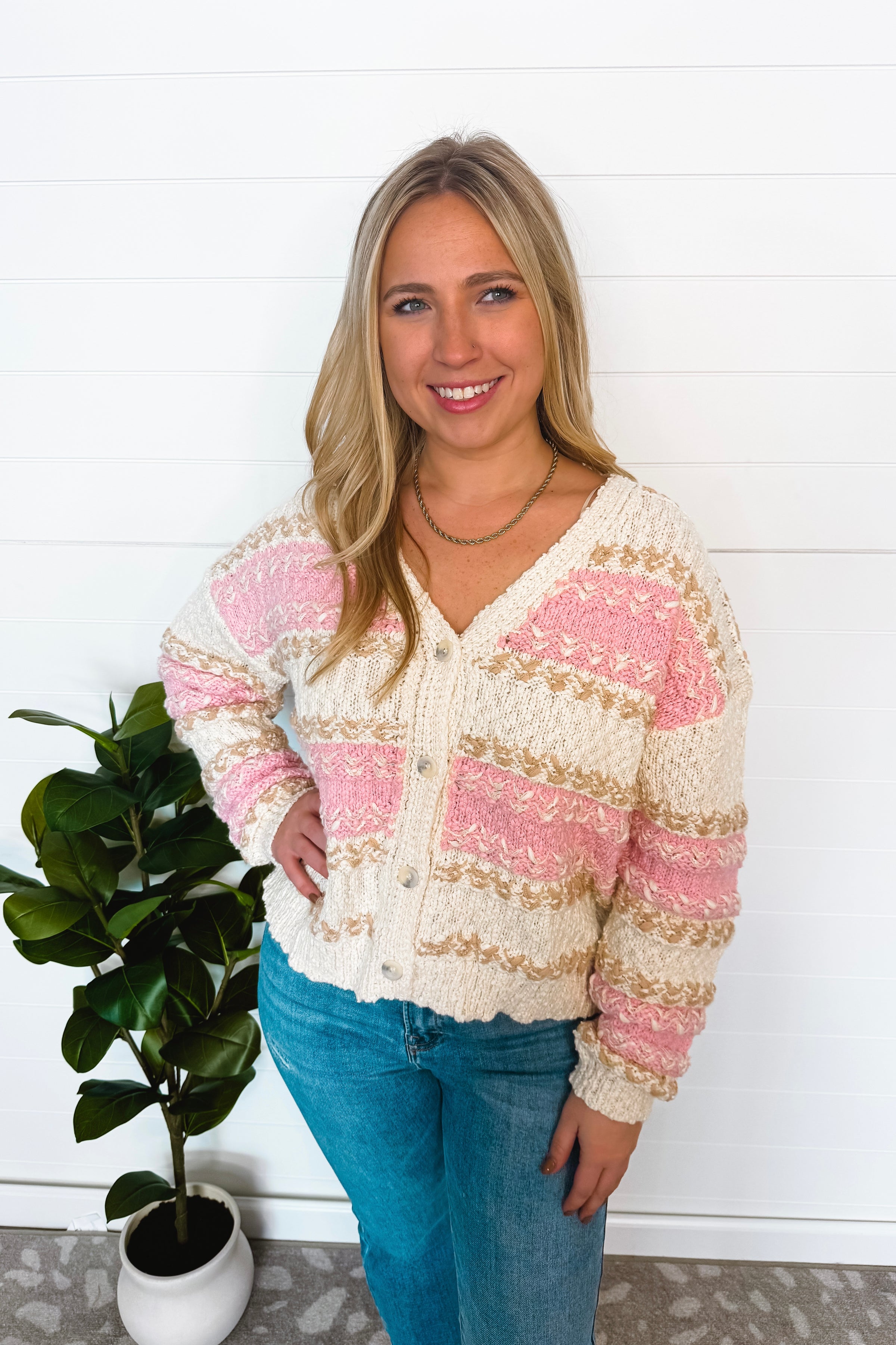 Soft Season Textured Knit Button Cardigan - Ivory/Pink