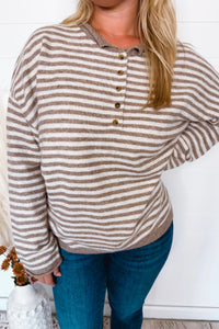 Astrid Lightweight Striped Henley Sweater - Tan/Ivory