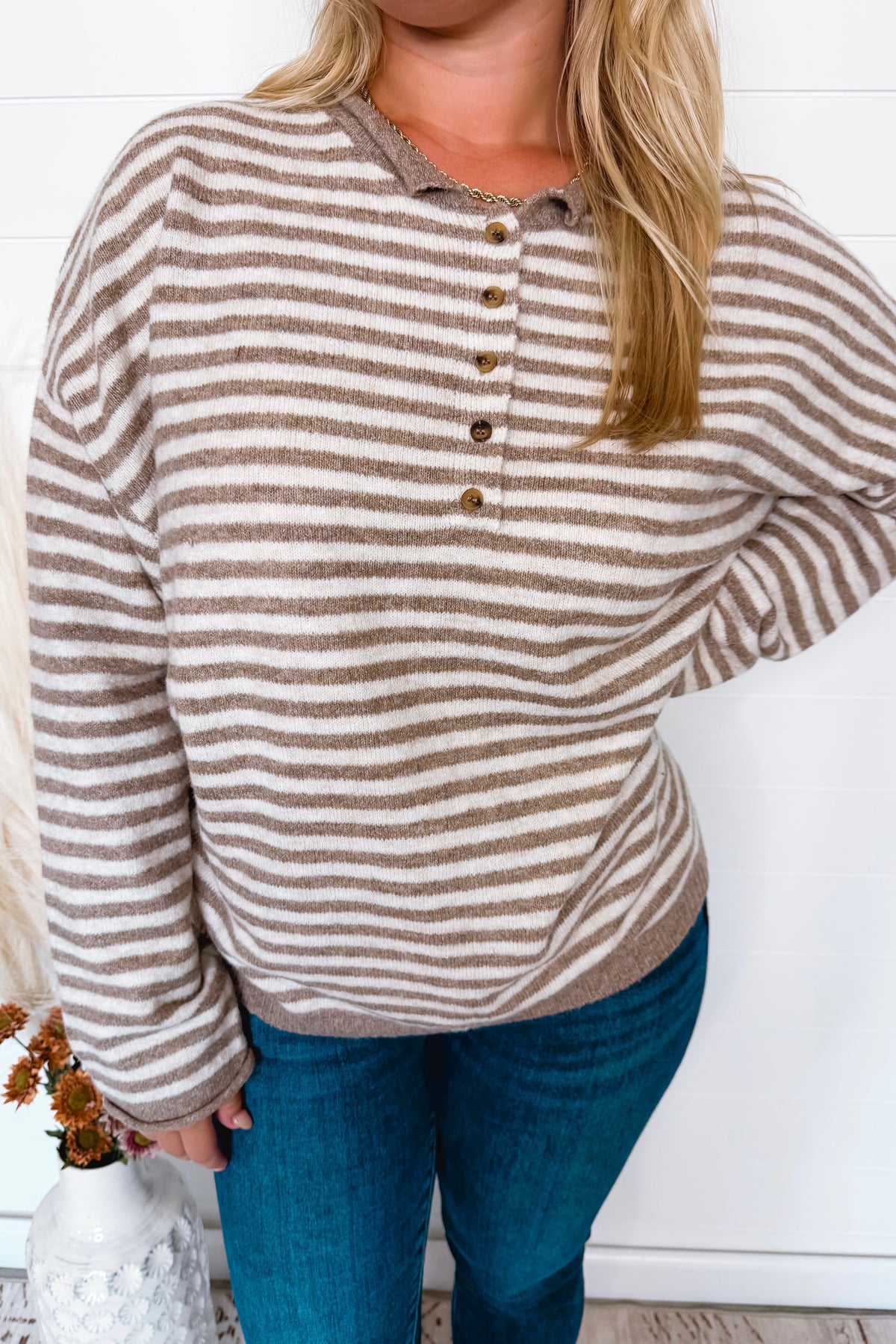 Astrid Lightweight Striped Henley Sweater - Tan/Ivory