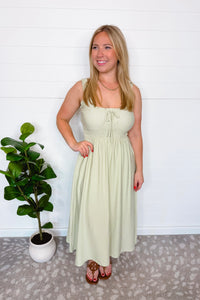 Summer Delight Shirred Midi Dress - Sage