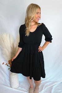 Fashionably Late Tiered Mini Dress - Black