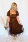 Phoebe Puff Sleeve Tulle Midi Dress - Brown