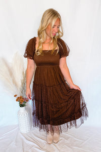 Phoebe Puff Sleeve Tulle Midi Dress - Brown