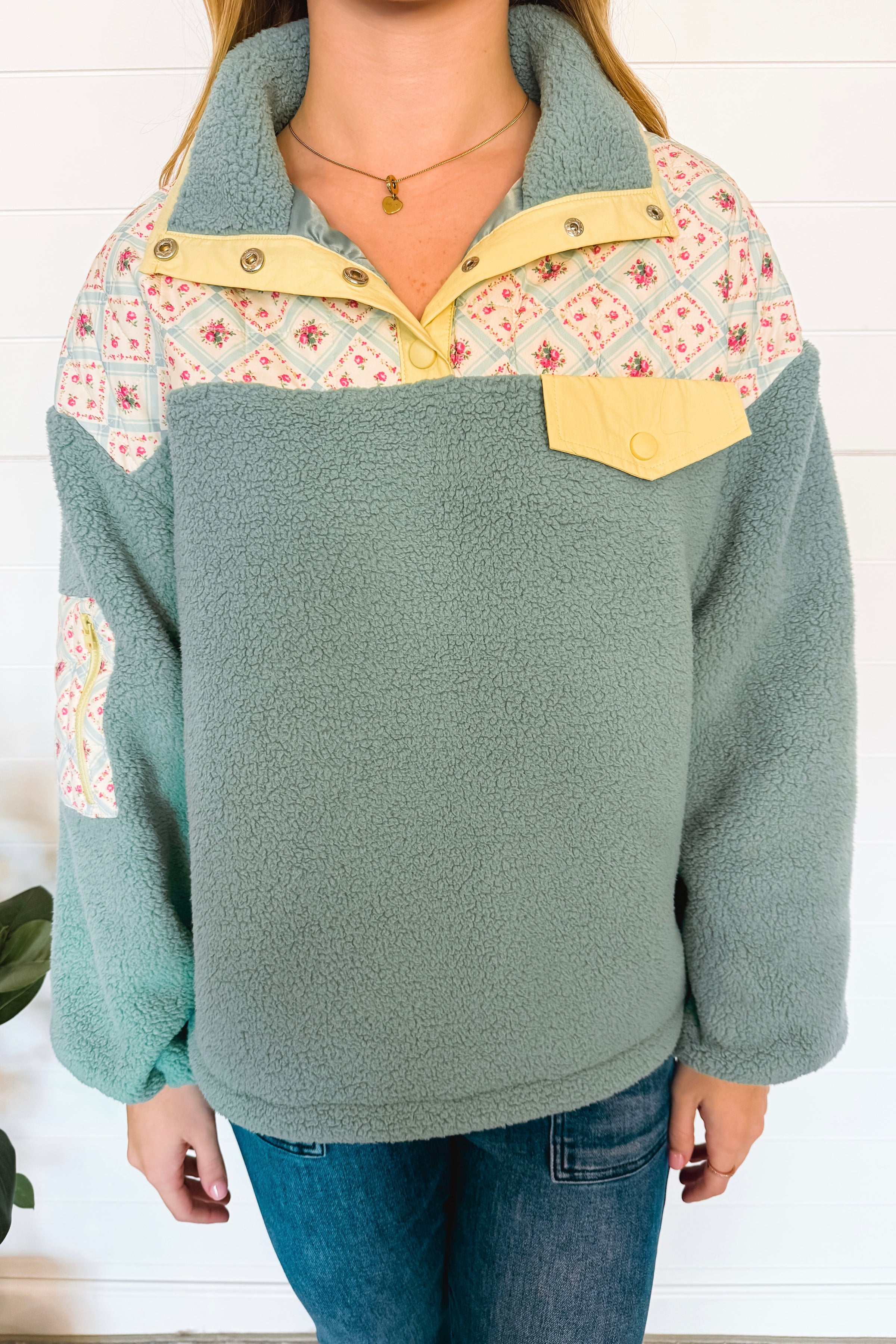 Cozy In Love Sherpa Quarter Snap Pullover - Sage