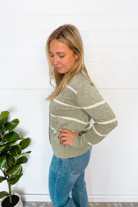 Everyday Striped Lightweight Button Cardigan - Sage