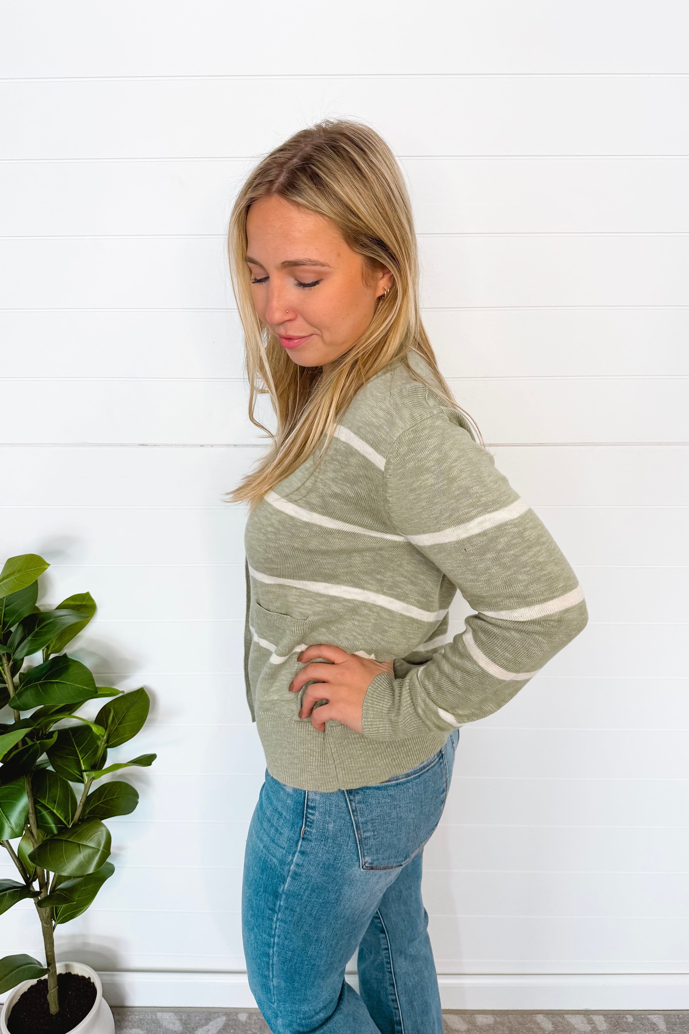 Everyday Striped Lightweight Button Cardigan - Sage