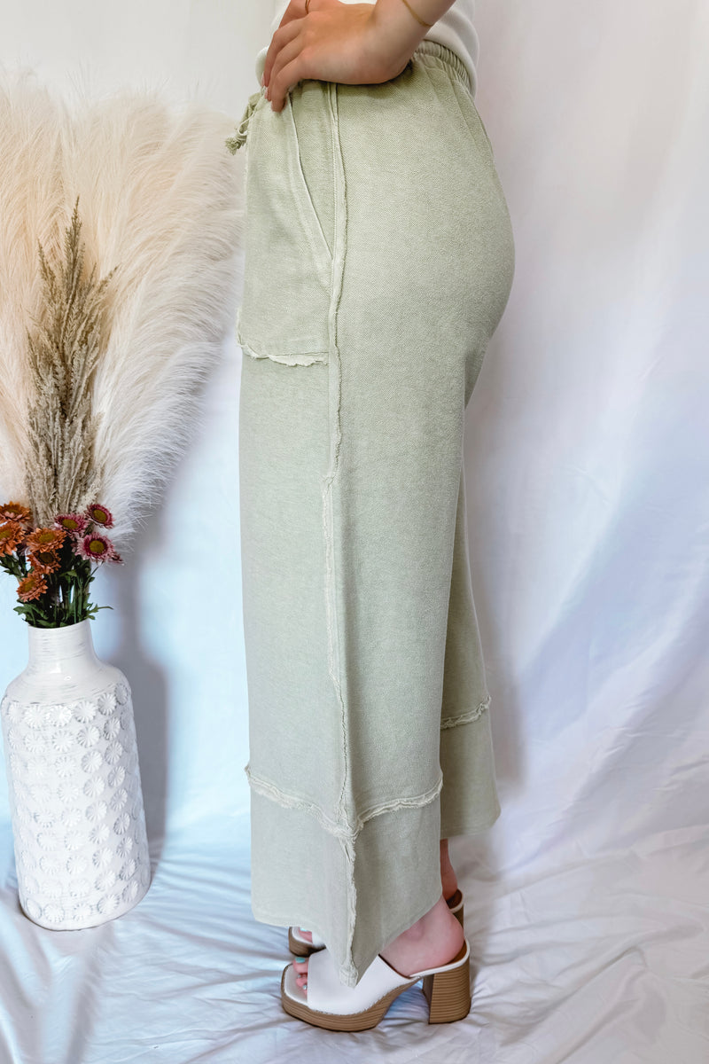 Maya Wide Leg Terry Knit Pants - Sage