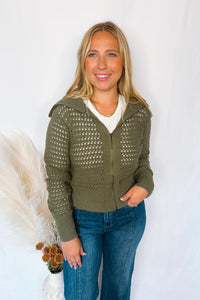 Cherished Moment Open Knit Zip Up - Olive