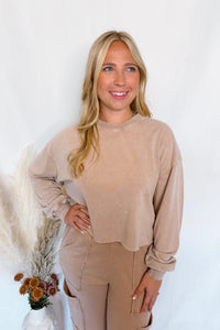 Crisp Leaves Mineral Washed Crew Neck Top - Taupe
