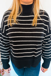 Winter Chill Mock Neck Striped Sweater - Black