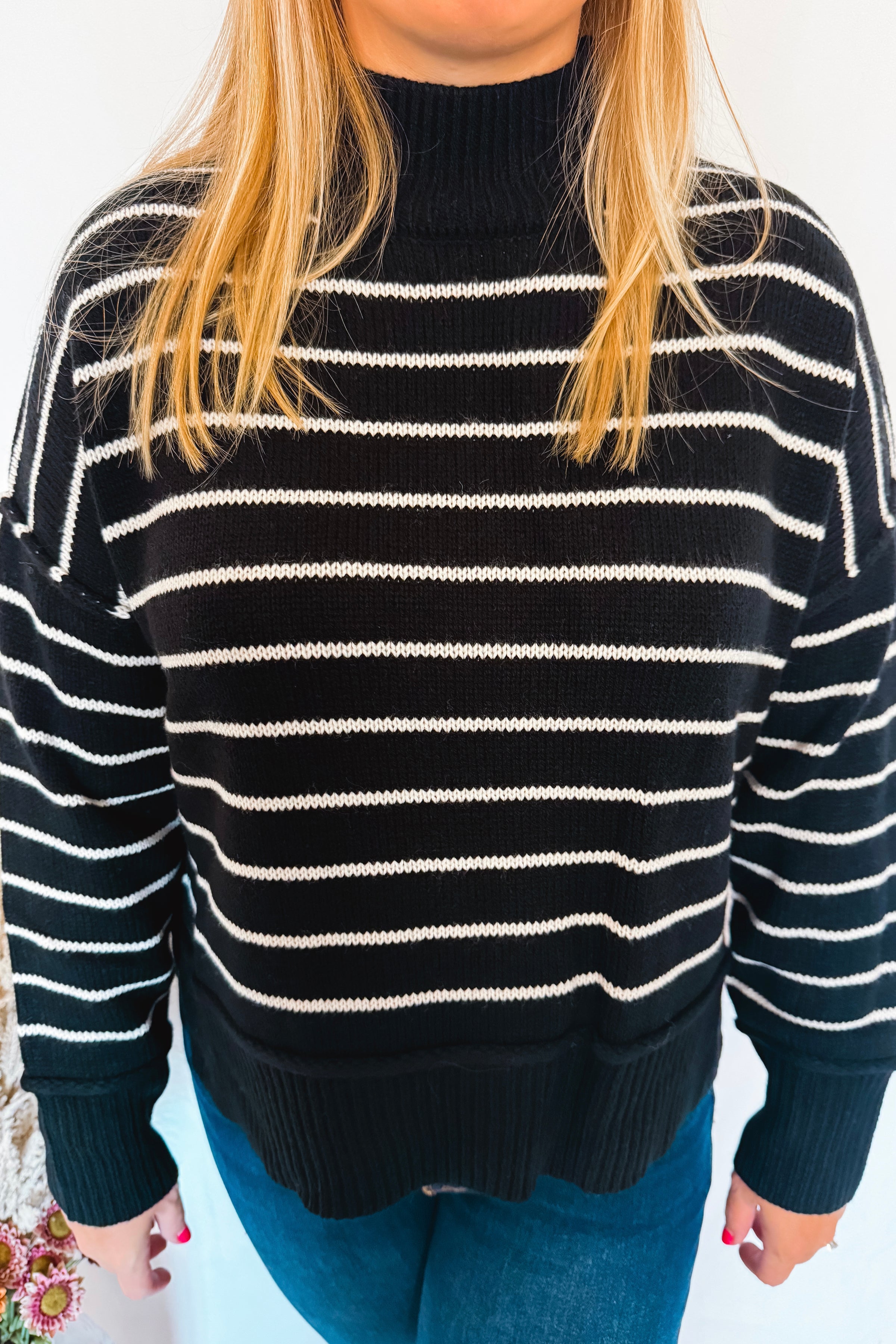 Winter Chill Mock Neck Striped Sweater - Black