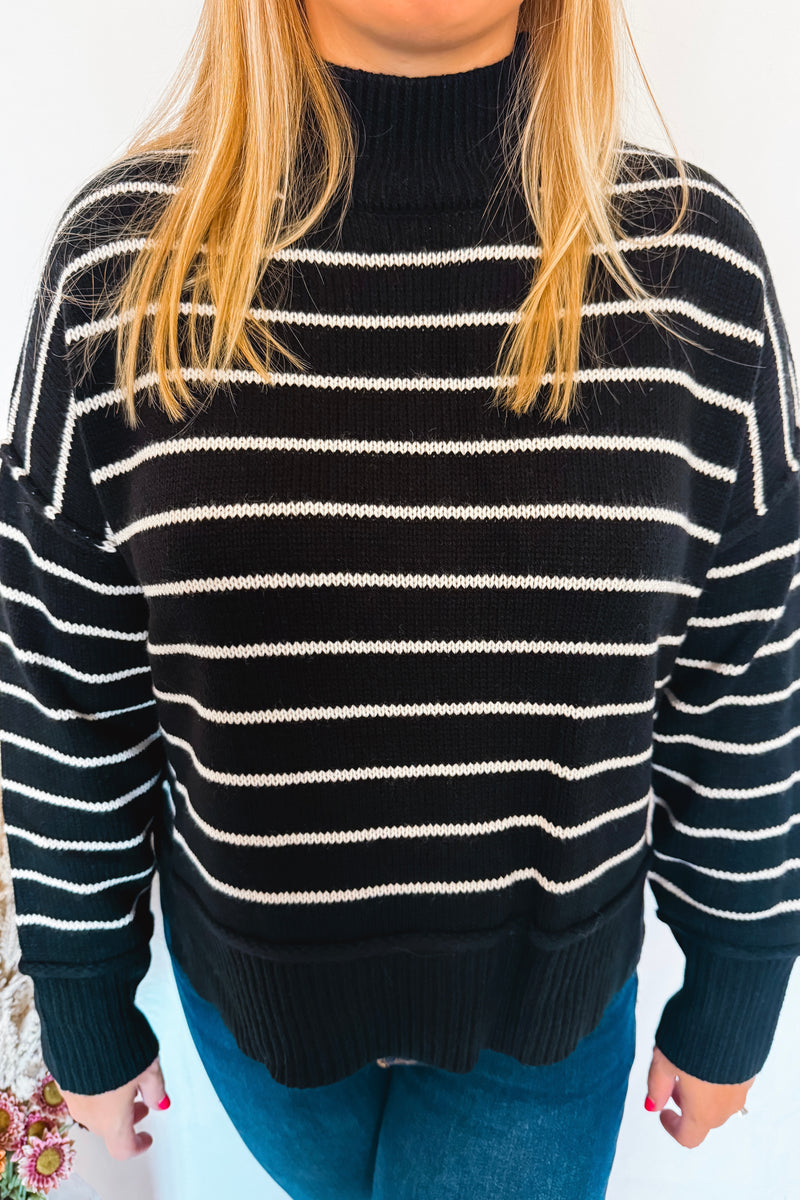 Winter Chill Mock Neck Striped Sweater - Black