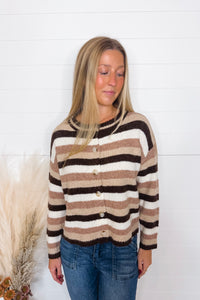 Warm Cocoa Striped Button Sweater - Mocha
