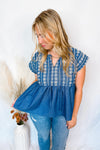 Just For Fun Babydoll Embroidery Blouse - Dark Denim