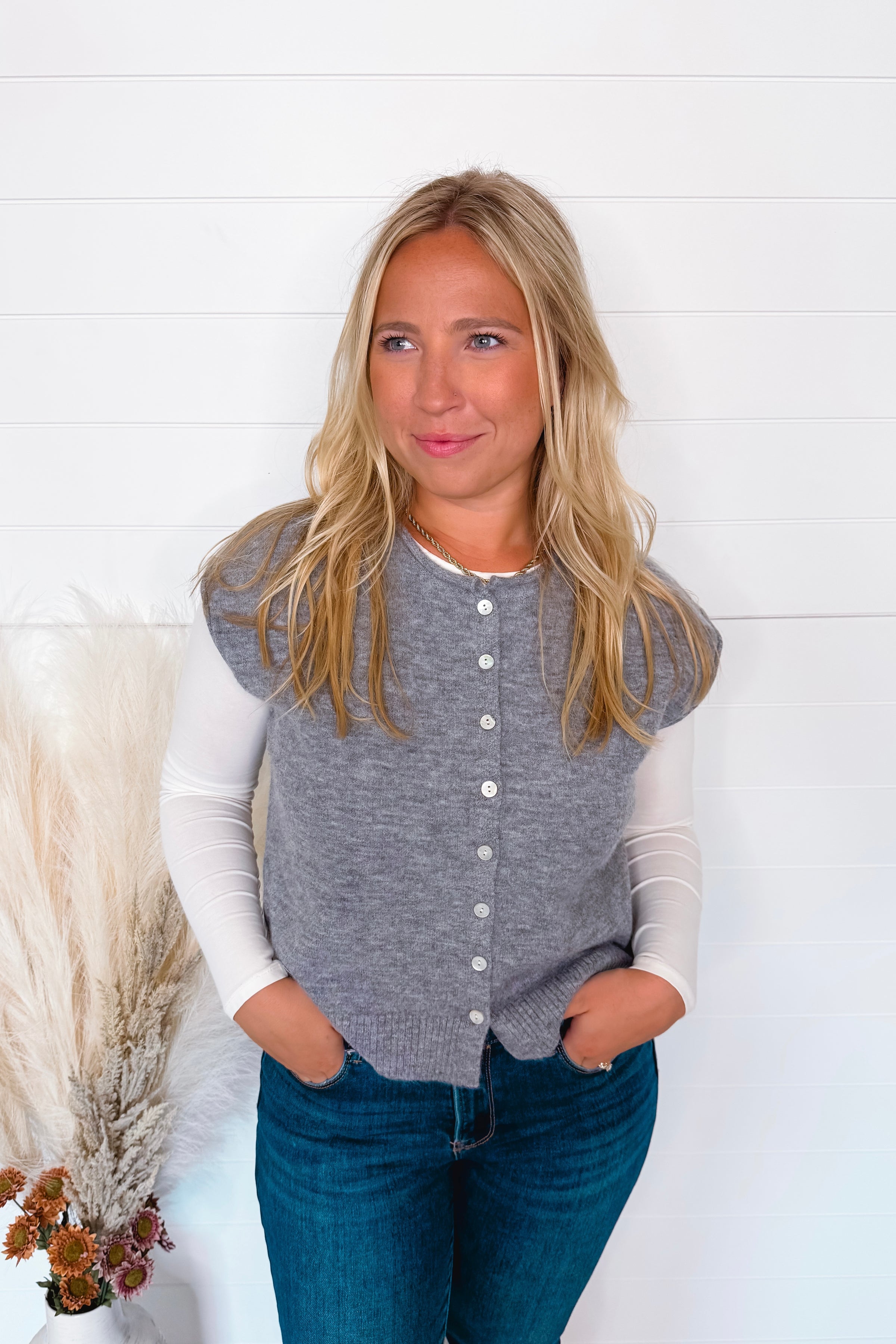 Boston Bistro Button Sweater Vest - Grey