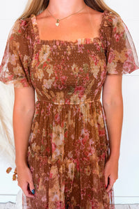 Phoebe Puff Sleeve Tulle Midi Dress - Light Brown Multi