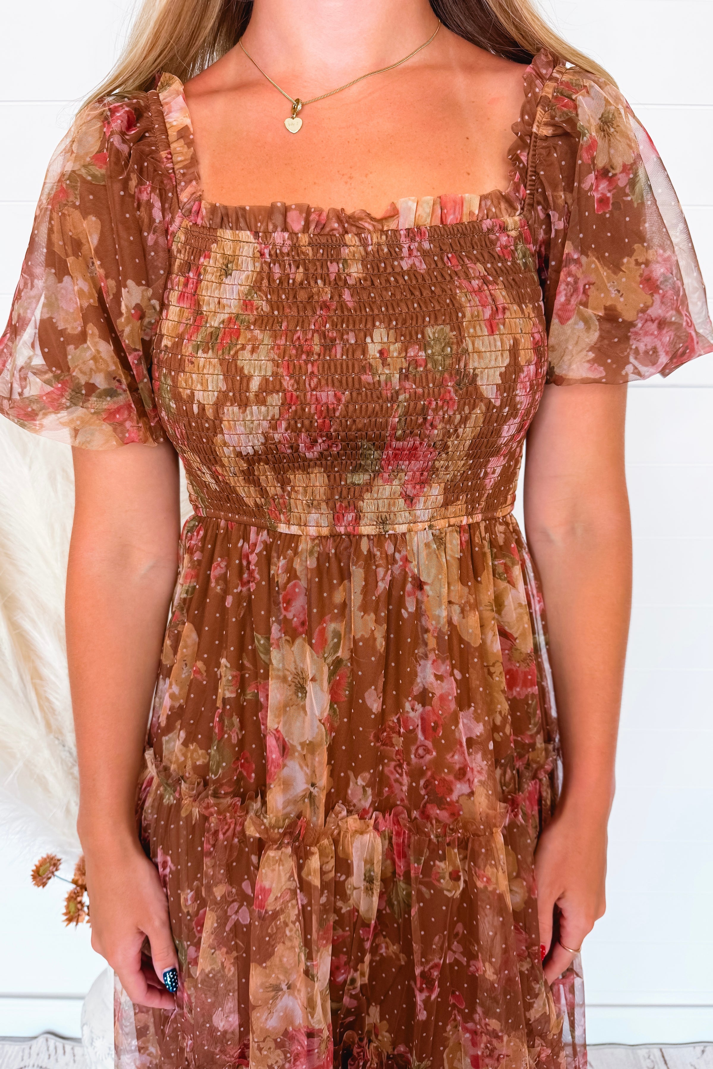 Phoebe Puff Sleeve Tulle Midi Dress - Light Brown Multi
