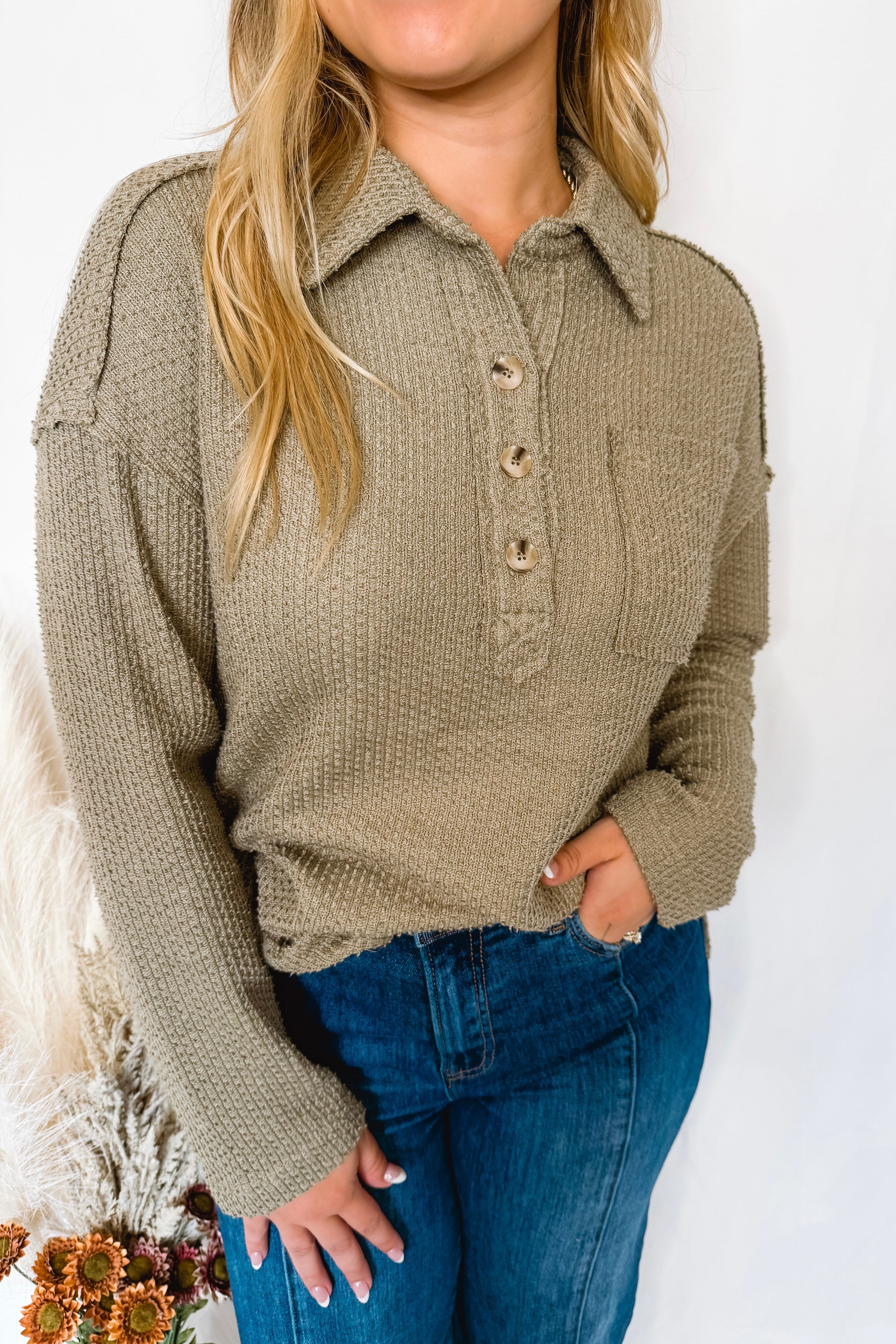 Positive Energy Henley Top - Olive