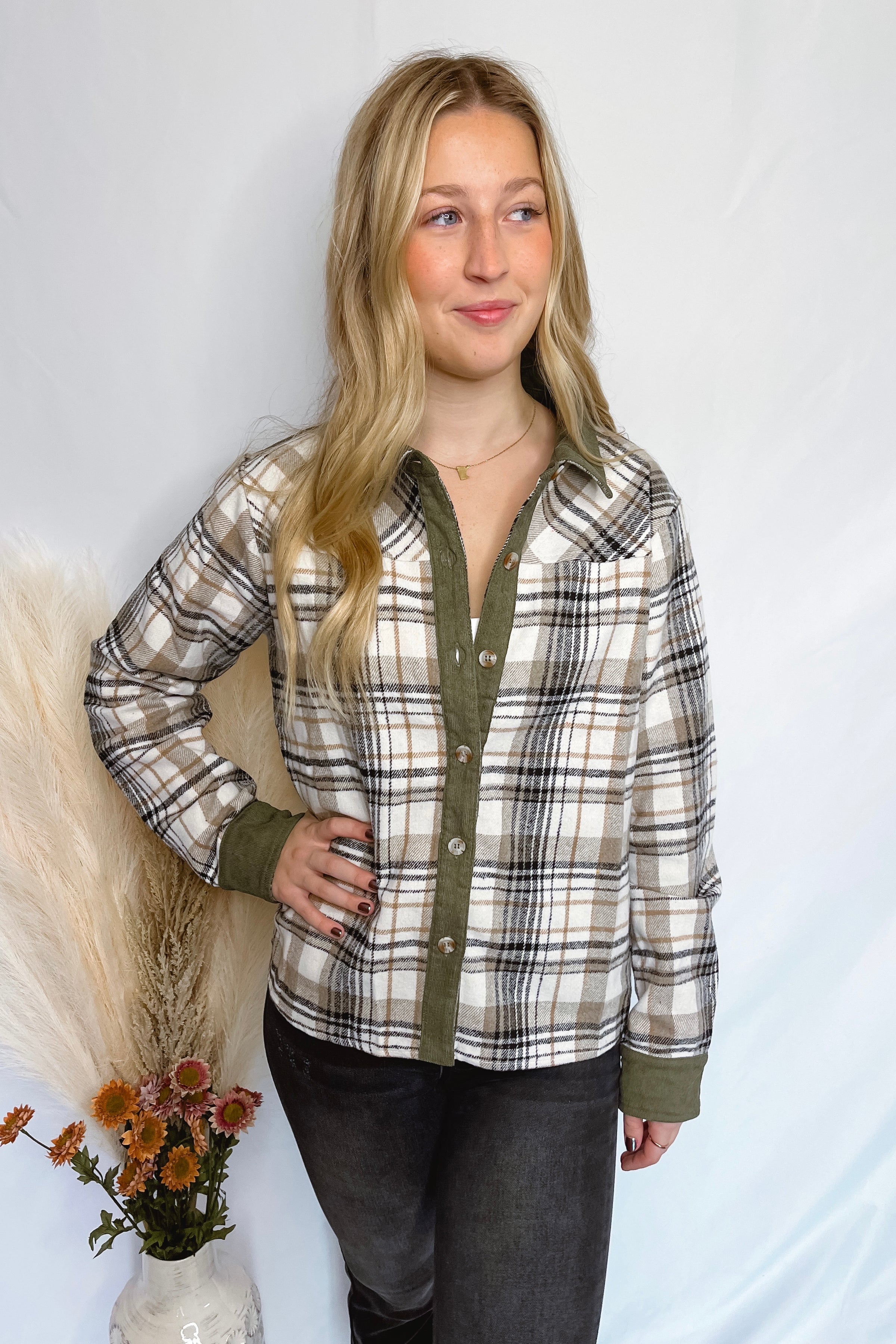 Close To Home Plaid Flannel Shacket - Taupe/Olive