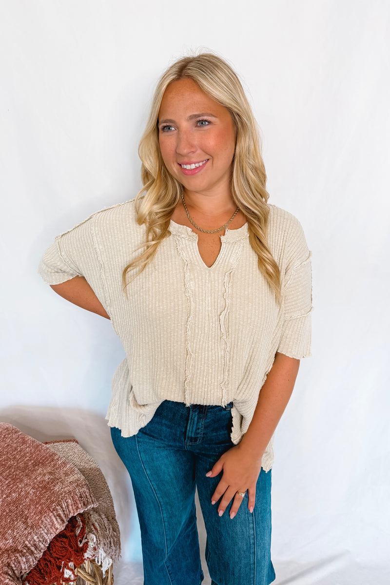 Having Fun Frayed Ribbed Top - Khaki