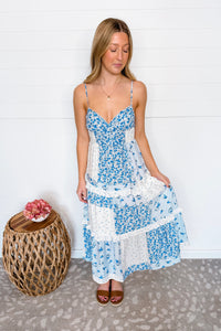 Garden Haze Patchwork Midi Dress - Blue