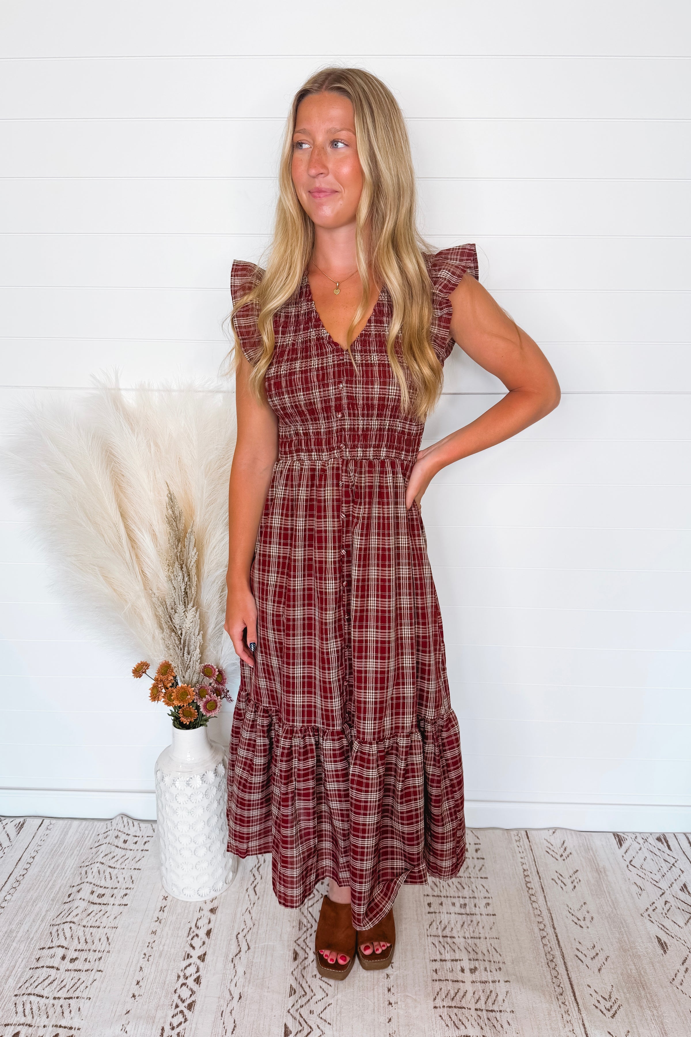 In the Meadow Smocked Plaid Midi Dress - Burgundy