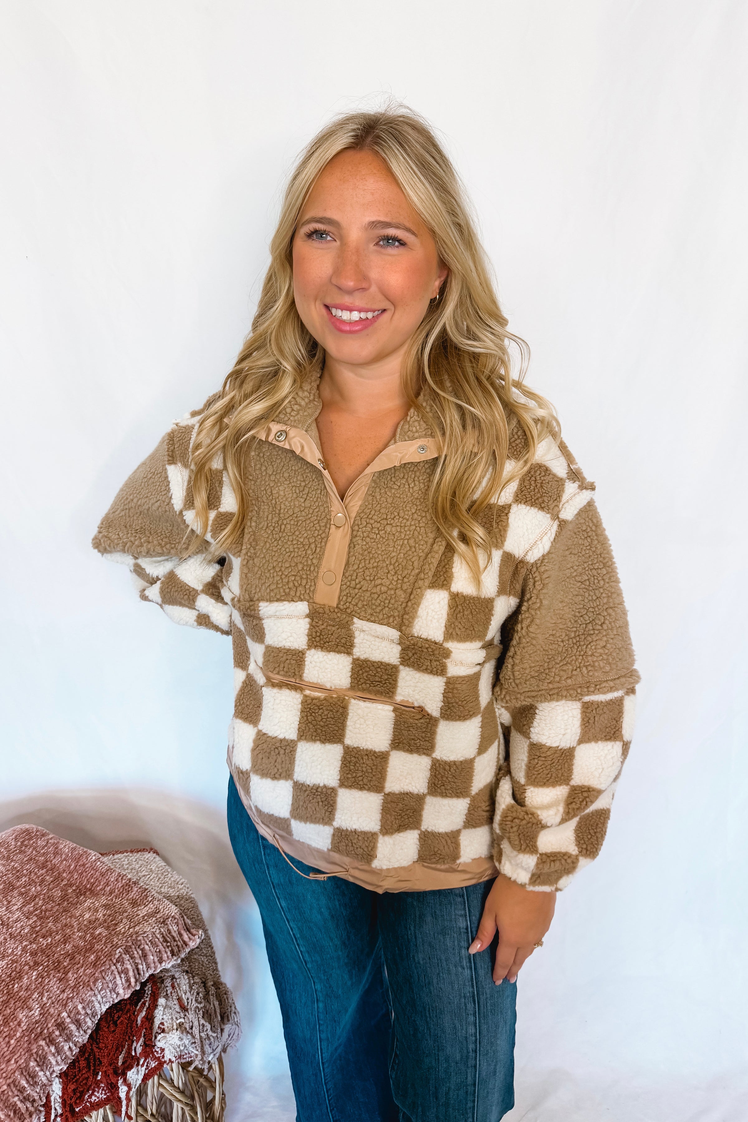 Casual Comforts Checkered Sherpa Pullover - Taupe