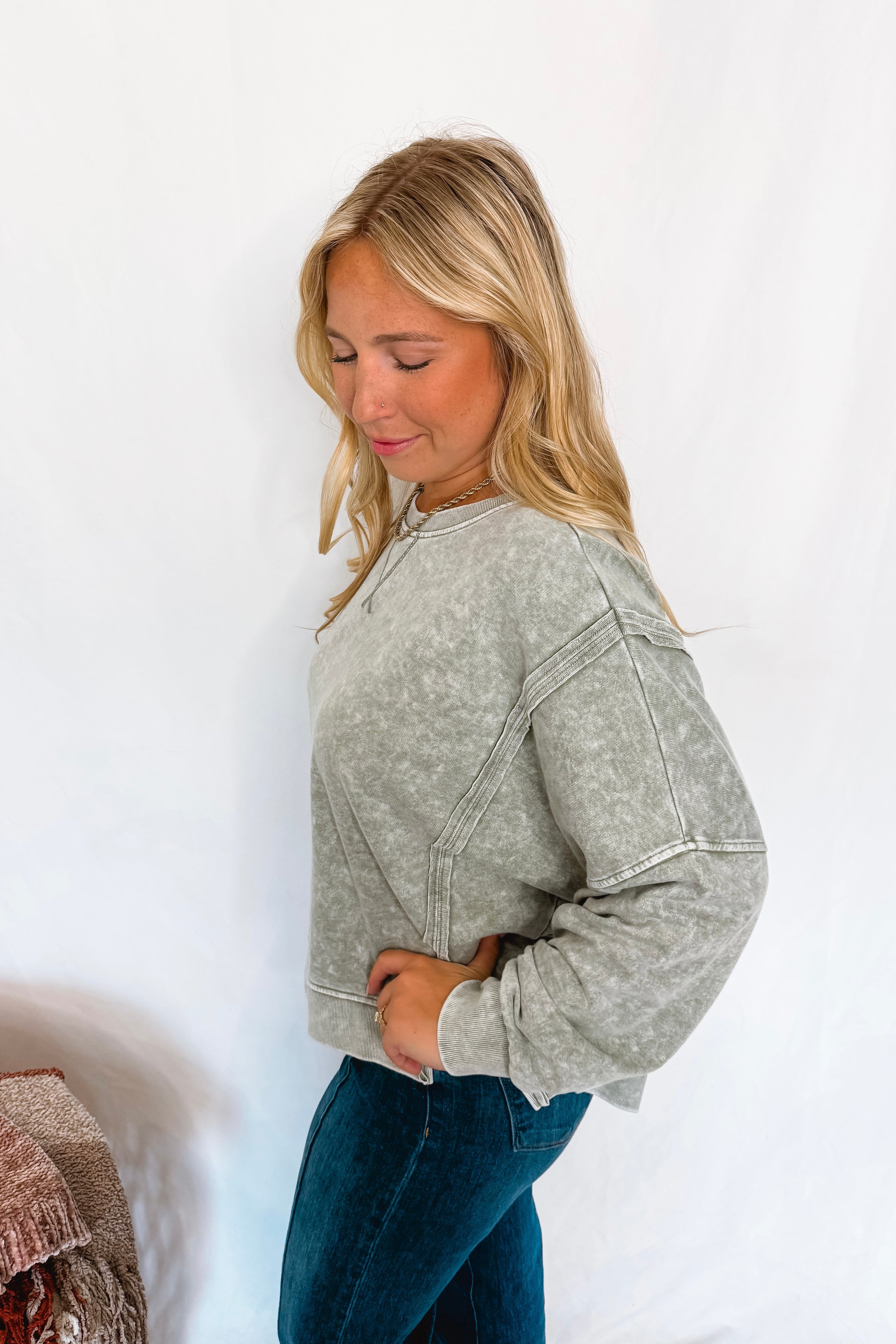 Forever Casual Mineral Washed Crew Neck Top - Moss Green