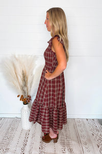 In the Meadow Smocked Plaid Midi Dress - Burgundy