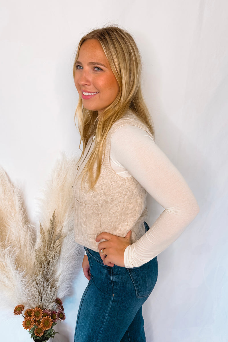 Glory Days Cable Knit Sweater Vest - Oatmeal