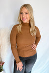 Izzy Ribbed Lettuce Edged Mock Neck Top - Camel