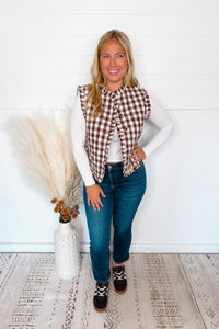 Coffee Time Quilted Gingham Vest - Brown