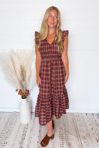 In the Meadow Smocked Plaid Midi Dress - Burgundy