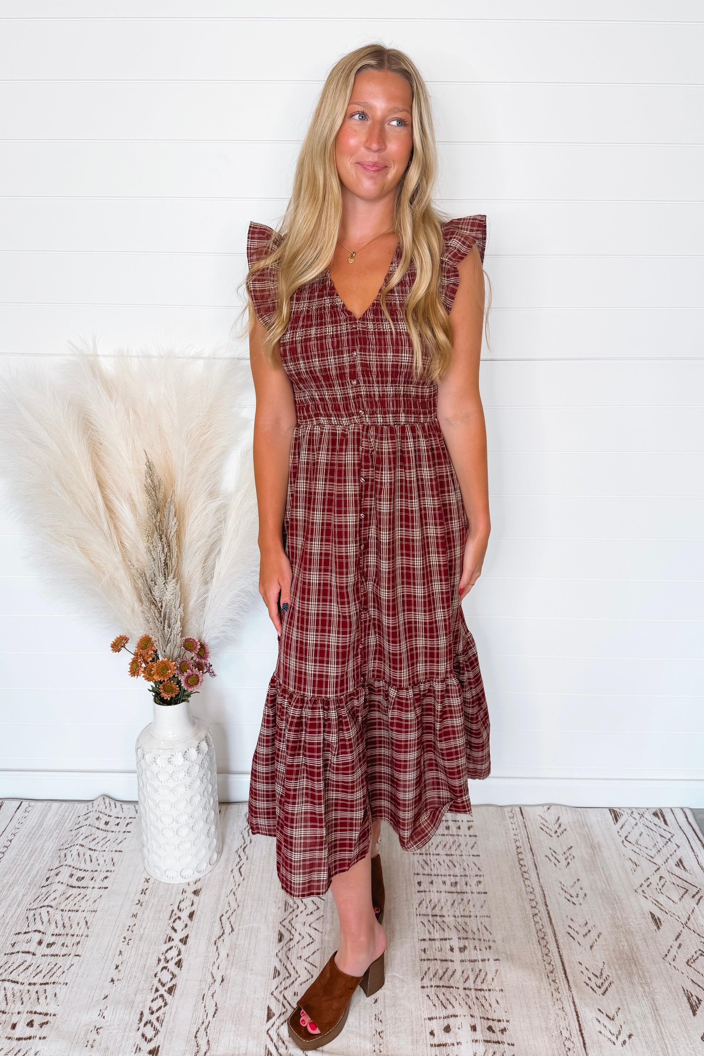 In the Meadow Smocked Plaid Midi Dress - Burgundy