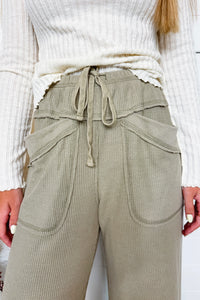 Just My Style Waffle Knit Wide Leg Pants - Light Olive