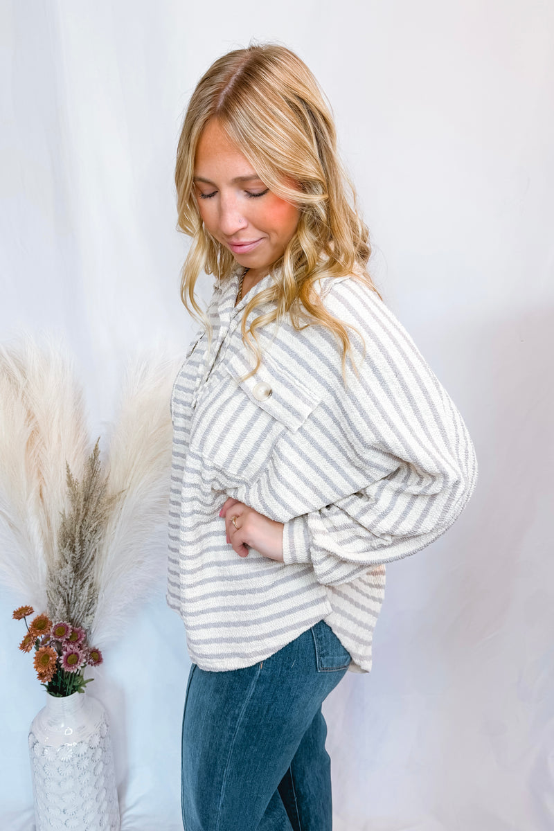 Autumn Charm Oversized Henley Top - Ivory/Grey