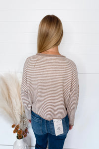Gwen Lightweight Striped Button Sweater - Tan/Ivory